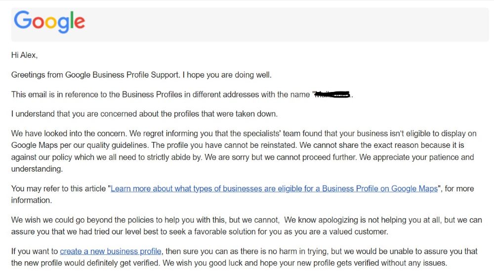 Google Business Profile Suspension Email