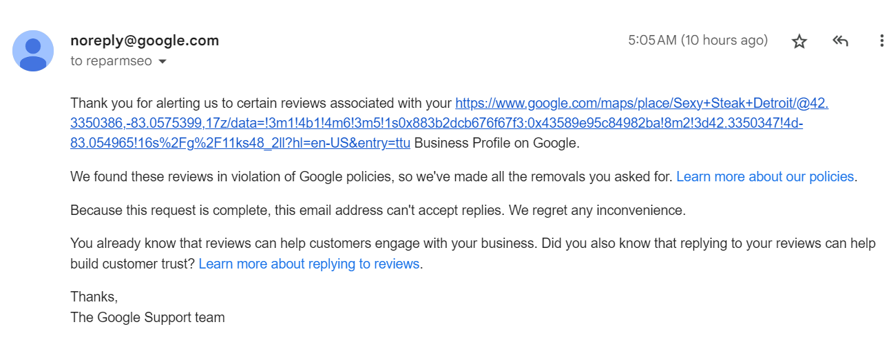 Google Review Removal Email