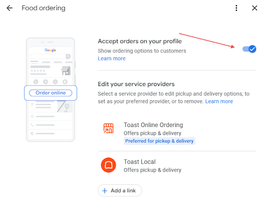 toggle food ordering